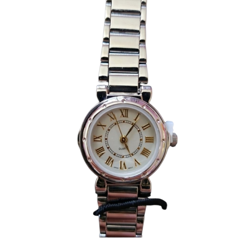 Avon Watch Women Silver Gold Tone Round Dial 24mm New Battery Adj Band 8"